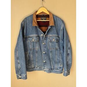 Woolrich Denim Jean Jacket Blanket Lined Leather Collar L Chore Workwear